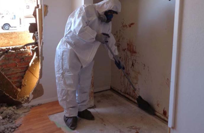 men waring uniform biohazard cleanup damage home room