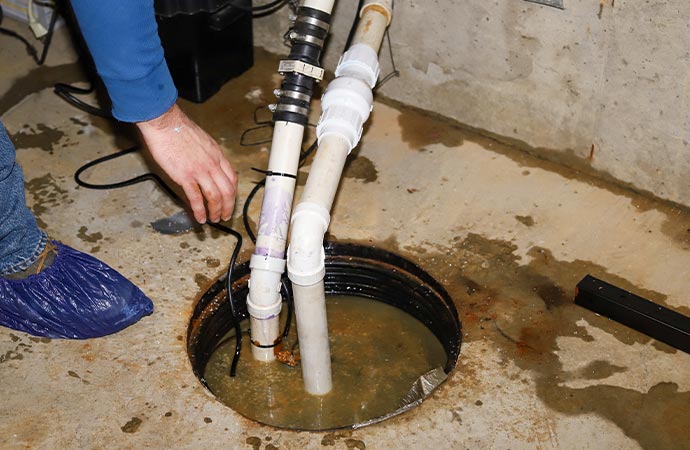 Worker cleaning sump pump overflow