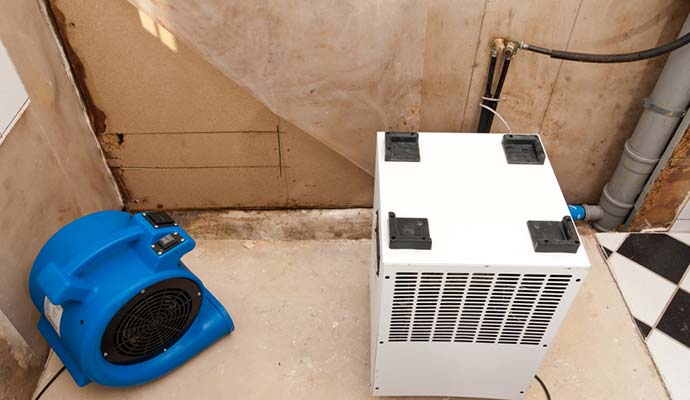 air mover and dehumidifier equipment in basement with water damage