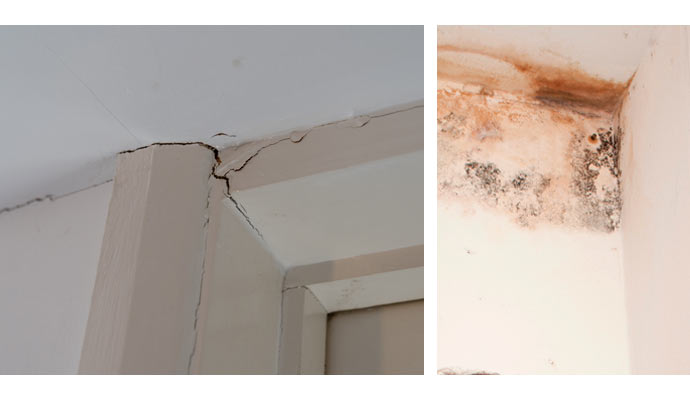 signs of damaged ceiling and wall