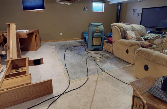 Water damage restoration in process