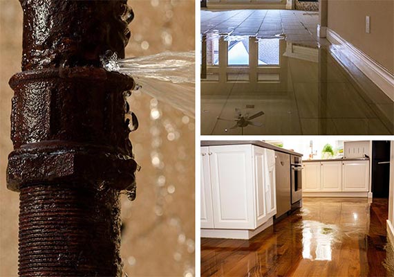 broken water pipe and water damaged property